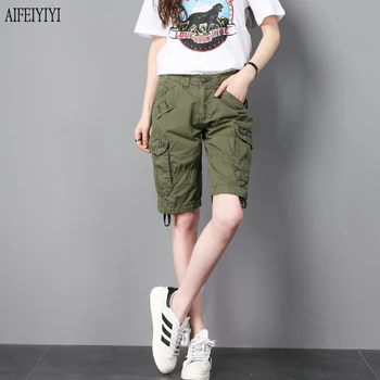 

2019 Summer Army Green Jeans Knee Length Multi-Pocket Denim Military Short Jeans Cargo Pants Men/Womens Trousers Pantalon Femmes