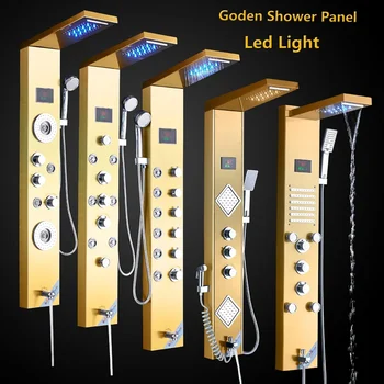 

Bathroom Shower Panel Golden Brushed Waterfall Rainfall Shower Head Hot and Cold Mixer Tap Para Bathroom Shower
