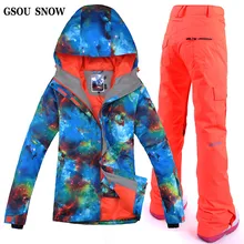 Gsou Снежный стиль женский лыжный костюм ветрозащитная Водонепроницаемая уличная спортивная одежда для кемпинга, катания на лыжах, сноуборде, утолщенная термокуртка+ штаны