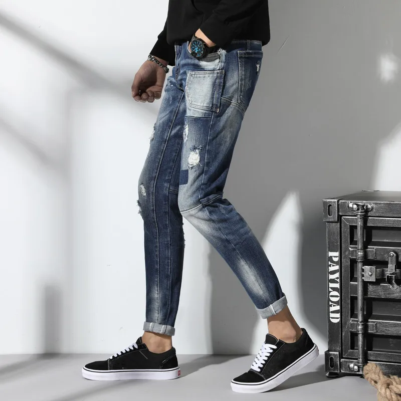 Italy Designed Man Slim Ripped Holes Jeans Men patchworks Skinny Denim Pants Male Street Wear Quatliy Europeans style Trousers