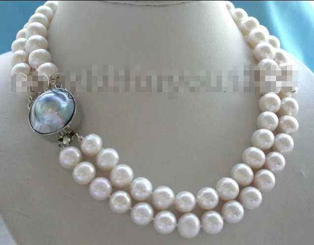 

Free shipping >>>>>>17-18" Double Genuine Natural 12mm White Pearl Necklace Mabe Pearl Clasp