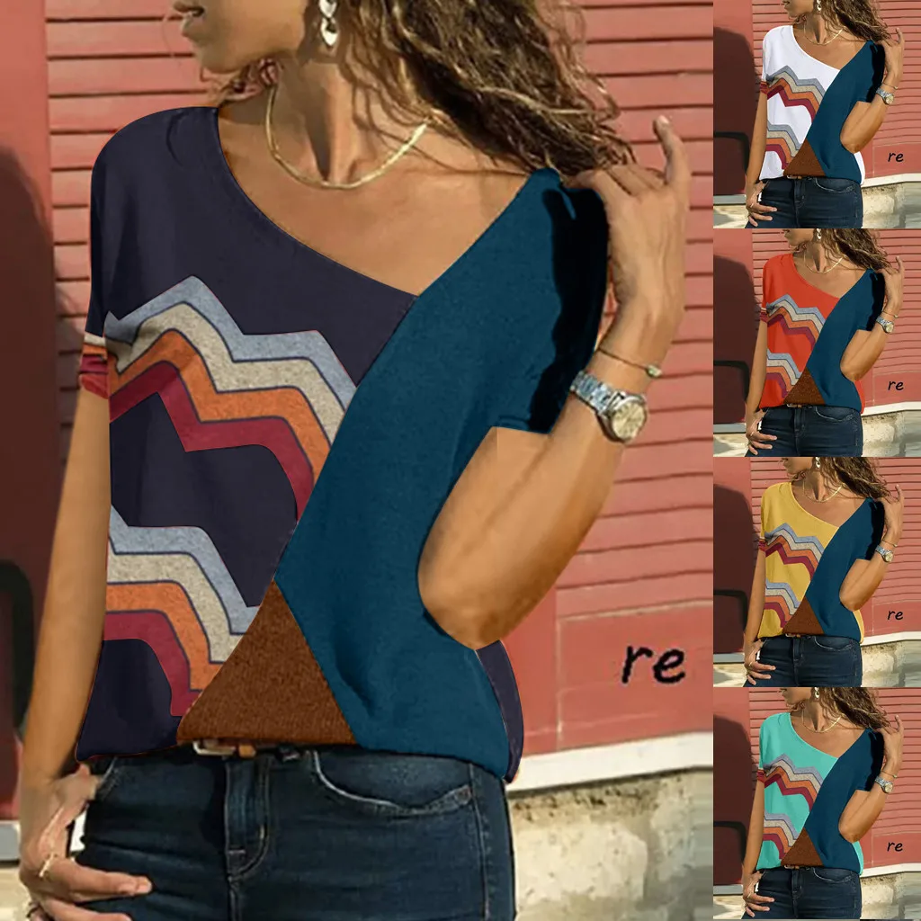 

Oversize 5XL Plus size Women's Color O-neck Casual Short-sleeved Patchwork Striped Top T-shirt poleras mujer de moda 2019