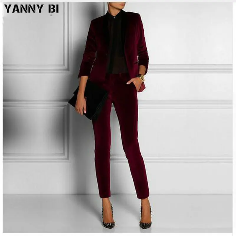 Customized velvet Wine Red lady Women Pant Suits lady Ladies Business Office Tuxedos Formal Work Wear Suits pant blazer 2 pieces Customized velvet Wine Red lady Women Pant Suits lady Ladies Business Office Tuxedos Formal Work Wear Suits pant blazer 2 pieces