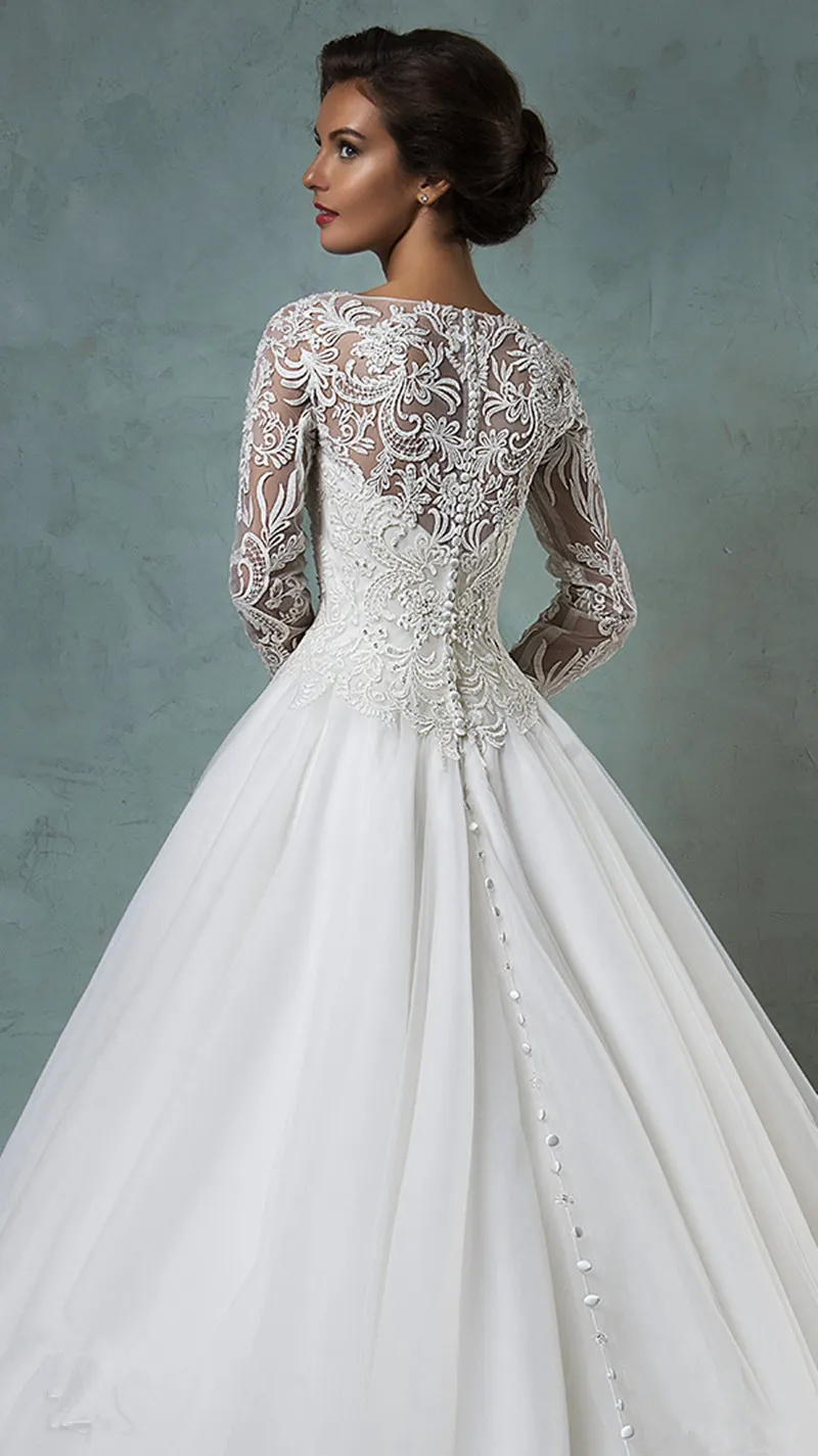 Couture robe De mariée en dentelle manches longues longueur De plancher De haute qualité robe De Casamento pas cher blanc Tulle robes Novia 2016 de la