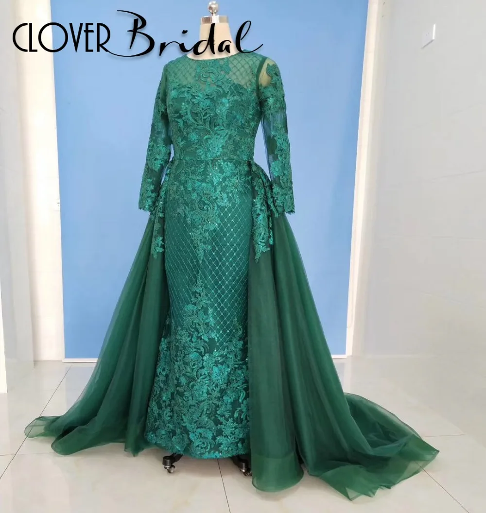 

2019 robe de soiree elegant musulman o neck long sleeves mermaid dress with A-line tulle dress evening dresses long