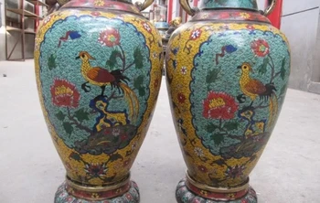 

100% Bronze cloisonne palace Flowers and phoenix birds Elephant Ears Vase Pair