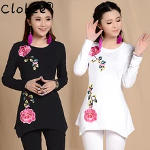 Пуловер с длинными рукавами в этническом стиле с цветочной вышивкой, футболка, винтажная Асимметричная Женская одежда, элегантная Осенняя коллекция года, roupa femenina CJ58