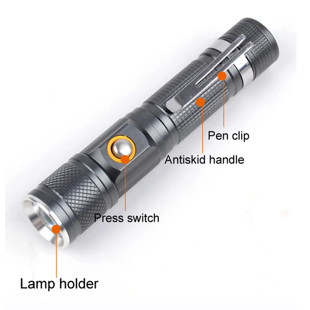 8000 Lumens Zoomable XM-L T6 Flashlight 3 Modes Tactical Direct Charging Torch Portable Aluminum use 18650 Battery