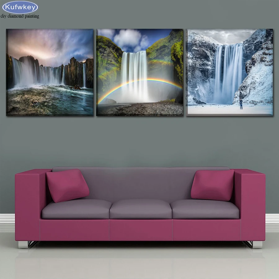 triptych diy 5d diamond painting Waterfall landscape full square round mosaic crafts embroidery rhinestones decoration | Дом и сад