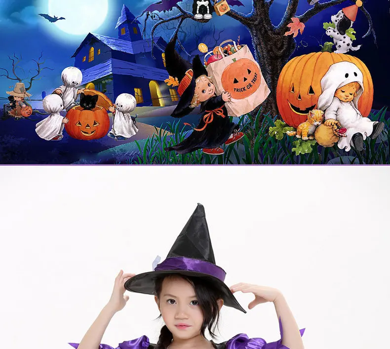 Карнавальный костюм ведьмы для девочек, фиолетовое платье со шляпой, фестиваль, Хэллоуин, вечерние карнавал, вечеринка, Детский Школьный