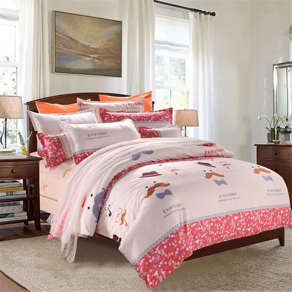 Kids Pinku0026Red Printed Floral Bedding Sets Twin/Queen/Double/King Size Moustache Cartoon Quilt/Duvet Cover Bed Sheet Pillowcase