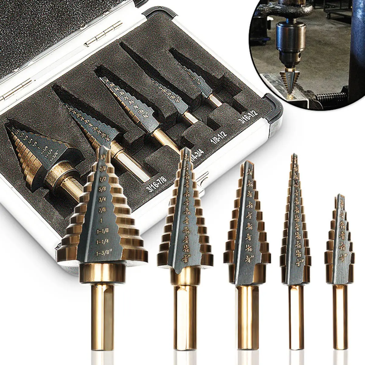 5Pcs HSS Cobalt Multiple Hole 50 Sizes Step Drill Bit Set Tools W/ Aluminum Case