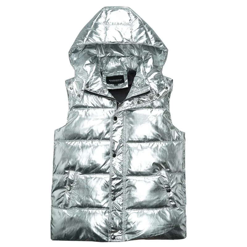 

MORUANCLE Fashion Men's Shinny Vests Cotton Lined Thick Thermal Waistcoat For Male Metallic Coated Silver Sleeveless Jacket