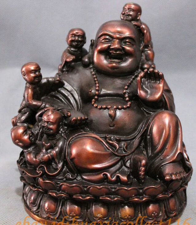

$ $ Chinese Pure Bronze Buddhism 5 Kid Child Happy Laughing Maitreya Buddha Statue