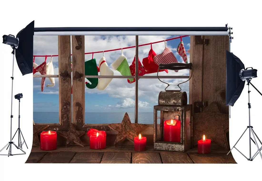 

Photography Backdrop Christmas Stocking Wood Star Vintage Window Lantern Candles Xmas Backdrops Happy New Year Background