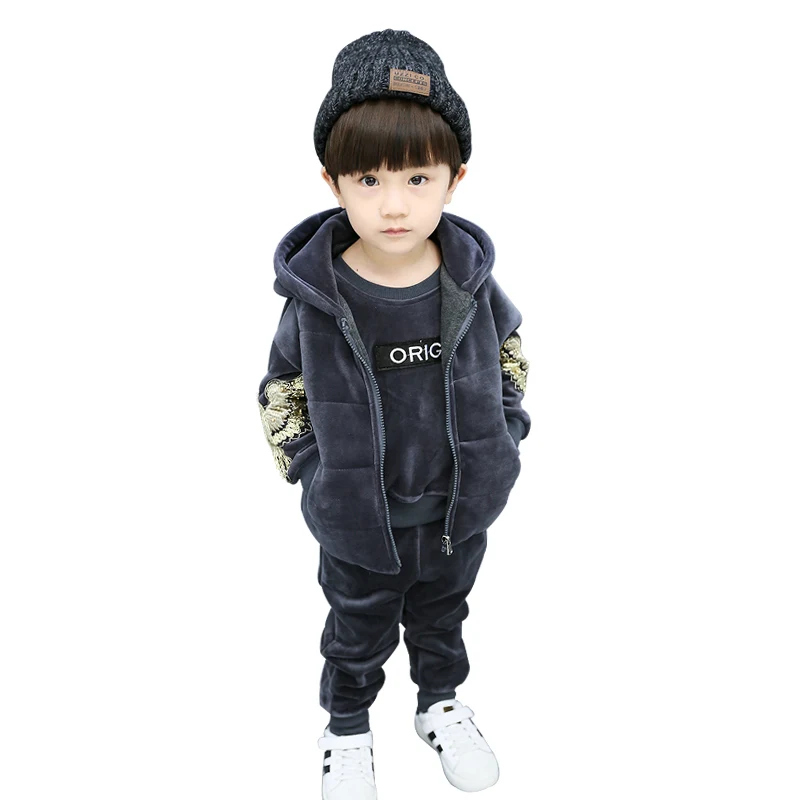 

Little Boys Winter Clothing 3 Pcs Set Children Gold Velvet Clothes Baby Infant Kids Wadded Vest Hooded Coat + Tops + Pants A634