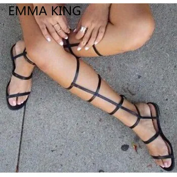 

2019 New Arrival Gladiator Knee High Sandals Women Summer Boots Open Toe Cutout Sexy Casual Roman Shoes Woman Black Flat Sandals