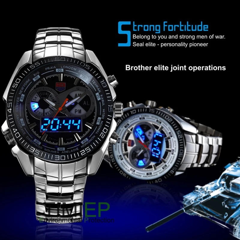  TVG Mens 2019 Hight Quality Full Steel Clock Blue Binary Pointer LED Digital Watch Military Sport W