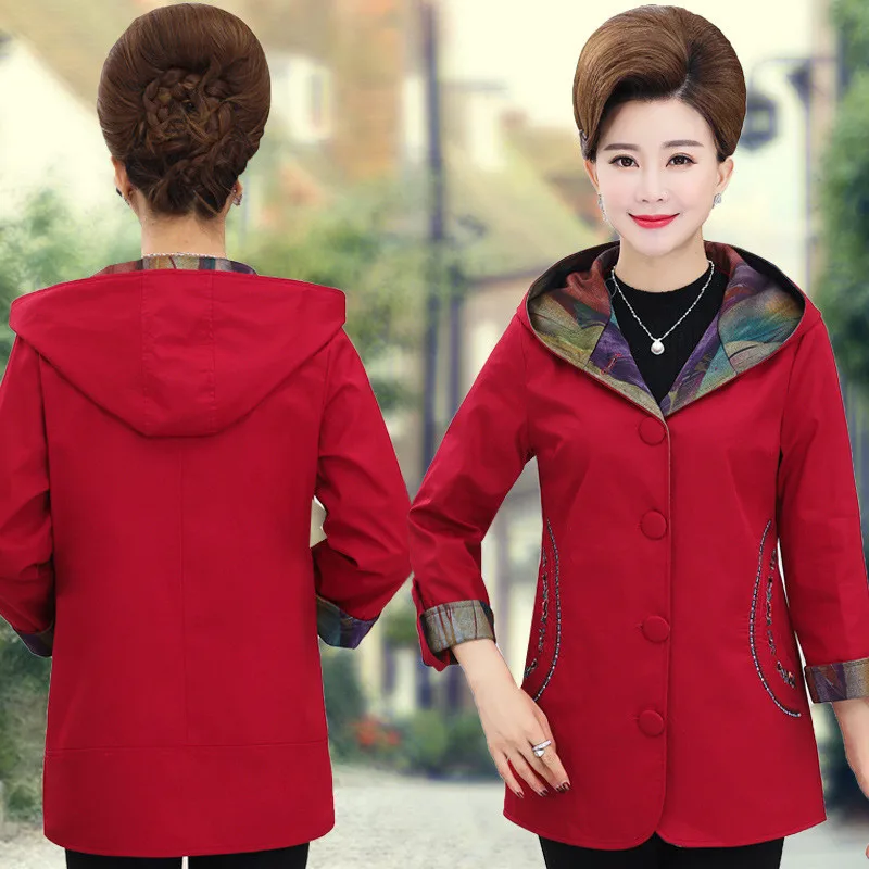 Coat Red khaki Size Red Hooded Red Middle Cotton Coats Okxgnz1766 Women dark Spring Casual Female Fashion aged Plus Jacket Outerwear Top Jackets FqUS8qn1