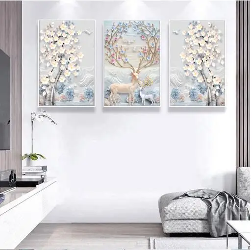 

Modern Simple Relief European - Style Abstract Fortune Tree Nordic Decorative Painting 3 Panels Canvas Oil Picture Wall Artwork
