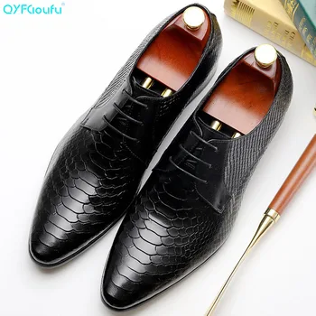 

QYFCIOUFU 2019 Snake Pattern Men Dress Shoes Genuine Leather Oxford Lace Up Casual Business Formal Pointed Toe Wedding Shoes