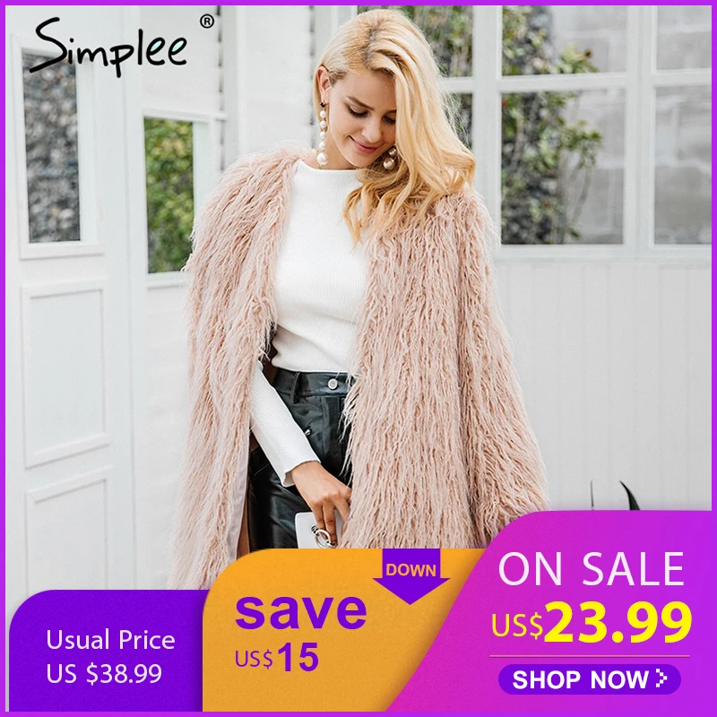 

Simplee Fluffy long faux fur coat womens Winter fake fur streetwear pink coat female Fashion colored fur coats outerwear 2017