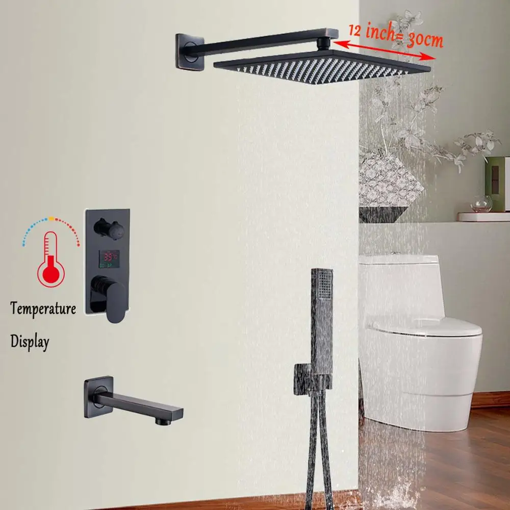 12 inch SHBSHAIMY 8 10 12 16 ''черный смеситель для душа в ванной комнате Настенный 3-Ways насадка для душа с дождевой насадкой Встроенная коробка цифровой дисплей - Цвет: 12 inch