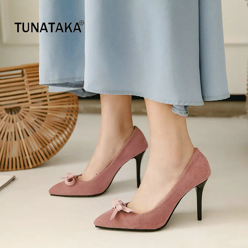 

Faux Suede Thin High Heel Pointed Toe Woman Pumps Fashion Bow Knot Dress Lazy High Heel Shoes Woman Black Pink