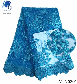 

BEAUTIFICAL sky blue lace embroidered fabric beaded bridal fabric latest african laces 5yards with rhinestone and beads MLN02