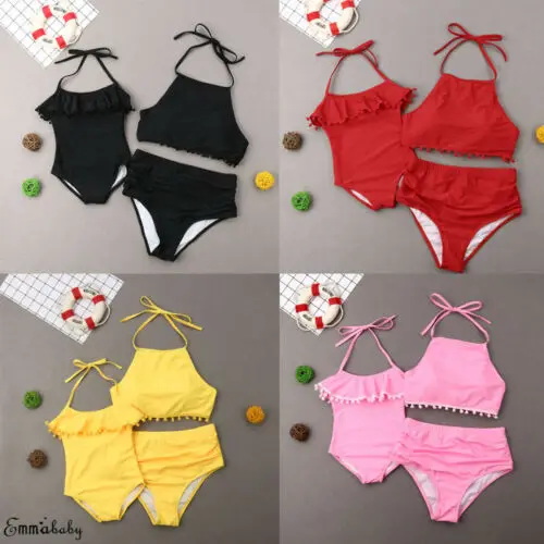 

Family Matching Women Kids Baby Girl Solid Off Shoulder Backless Bikini Bathing Suit Swimwear Swimsuit