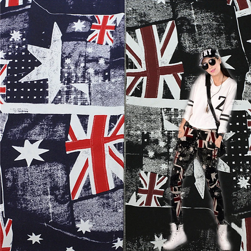 Хорошо 2 цветная джинсовая ткань хлопок/Spadex ткани британский флаг звезда шаблон из тянущегося материала с рисунком Швейные на брюки/платье/Костюмы