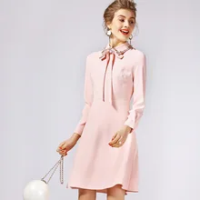2017 new long-sleeved retro dress elegant bow decoration women fashion casual office dress pink party dress women’s clothing