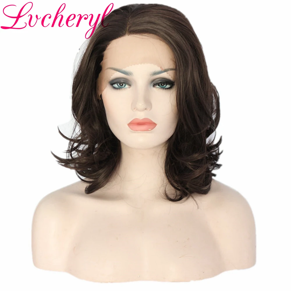 

Lvcheryl Hand Tied Brown Short Wave Bob Synthetic Lace Front Wig Glueless Heat Resistant Fiber Natural Hair Wigs For Women