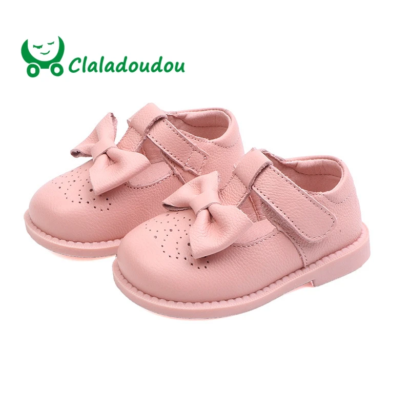 

Claladoudou 12-14CM Brand Baby Genuine Leather Princess Shoes Black Beige Pink Strap Hollow Breathable Infant Girl Kids Flats