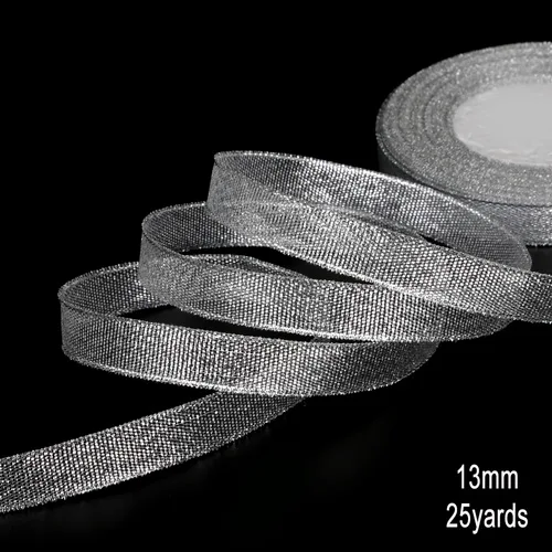 13mm Silver Блестящие, ручной работы, золотистая Серебряная лента, металлический блеск для свадьбы, Рождественская пригласительная открытка с украшениями, подарок, раскалывание, 25 ярдов/лот - Цвет: 13mm Silver
