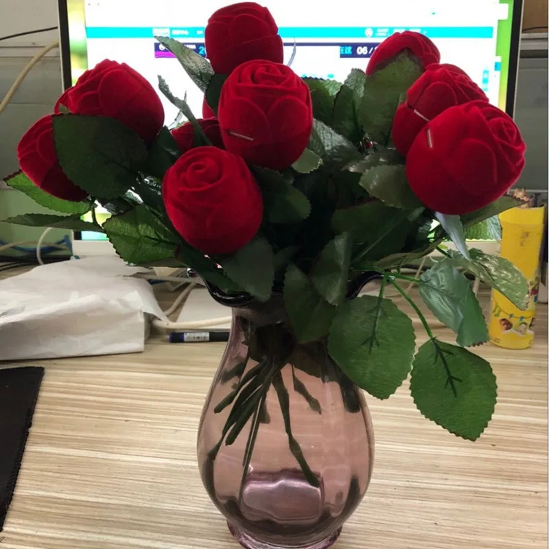 Красная роза, коробка для колец, бархатная коробка для ювелирных изделий, свадебная оригинальная подарочная коробка на День Валентина, обручальное украшение, упаковка-Органайзер
