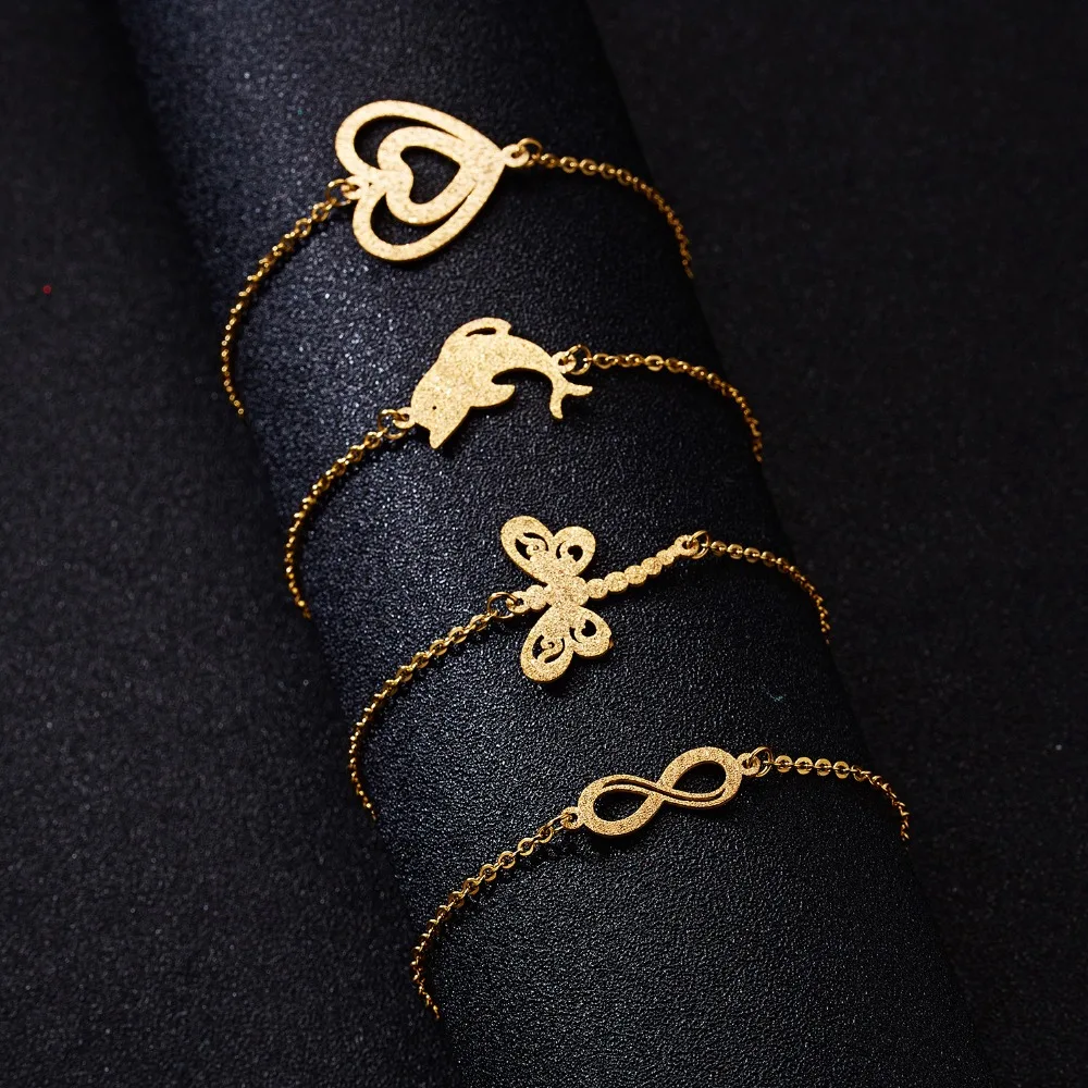 Мода нержавеющая сталь Стрекоза бесконечное 8 браслеты Двойное сердце Снежинка Женщины Шарм регулируемые золотые браслеты подарок для детей