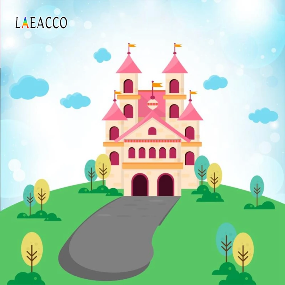 Laeacco Cartoon Castle Grassland Poster Photography Backdrop Customized Baby Portrait Photographic Backgrounds For Photos Studio |