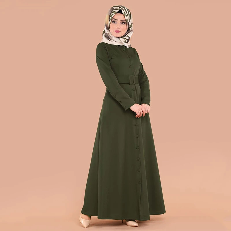 WEPBEL Arab Dubai Muslim Maxi Dress Casual Fashion Pure Color Long Sleeve Attached Belt Slim Fit Big Swing Lapel Islamic Apparel - Цвет: Green