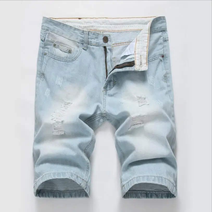 

Men Light Blue Short Jeans Summer Holes Denim Shorts Good Quality Men Straight Loose Jean Shorts Jean Short Pants Size 40
