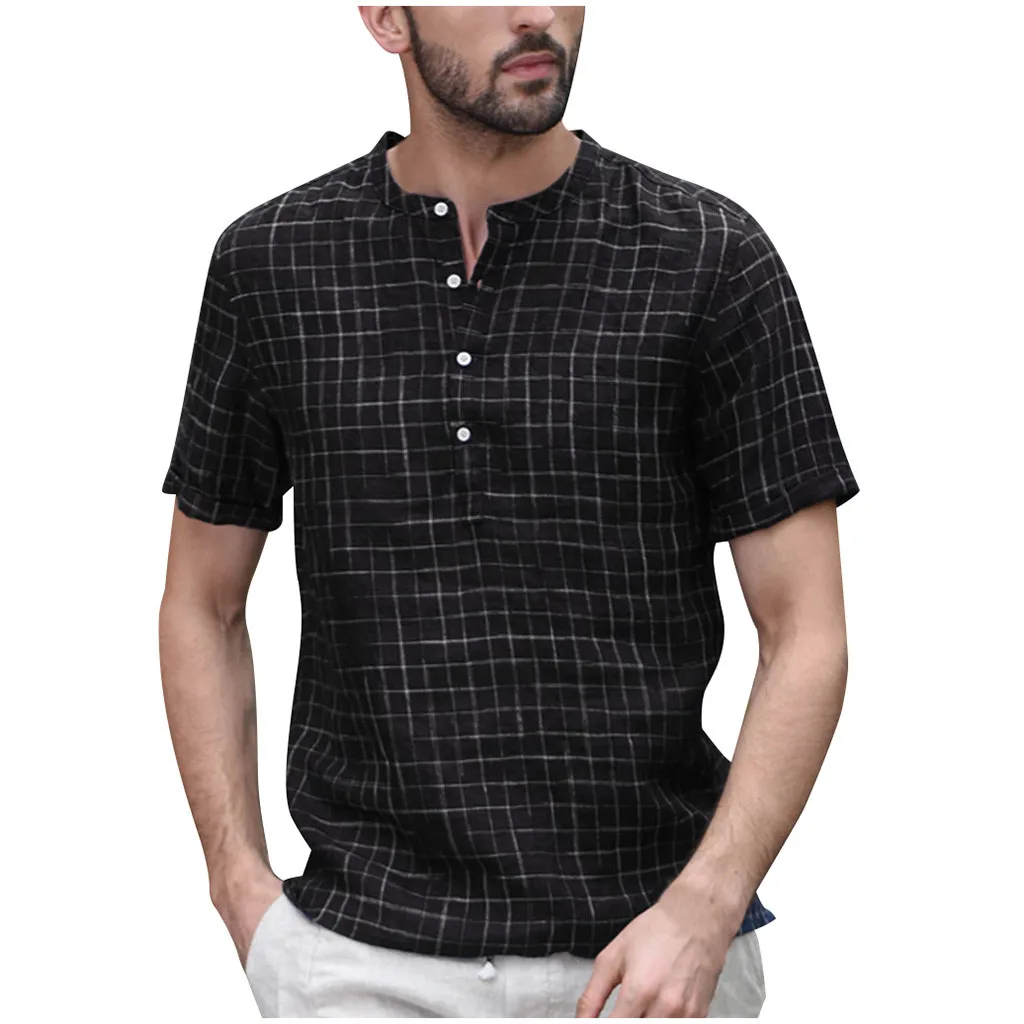 

Men Vintage Splicing Button Linen Solid Short Sleeve Retro Tops Blouse Casual Beach Top Summer Vacation Clothes #GM