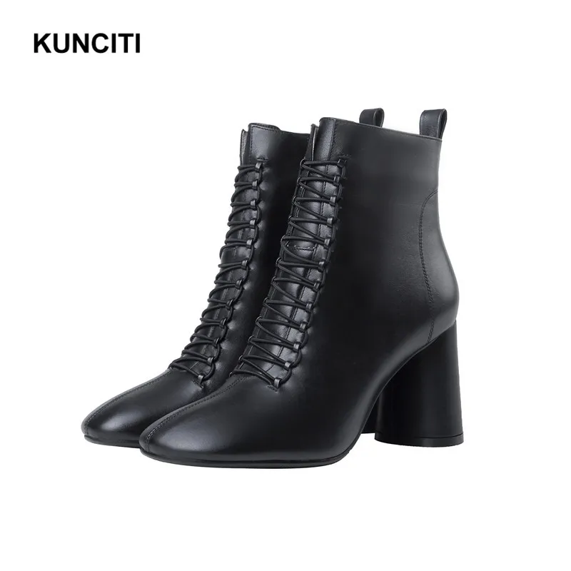 

2019 KUNCITI Superstar Square Toe Zipper Cow Leather Ankle Boots High Heels Office Ladies Short Booties Shoes Top Grade D933