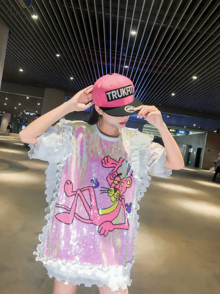 Женская футболка с пайетками, женская футболка с блестками, Розовая пантера, в стиле хип-хоп, с рукавом-бабочкой, для танцев, женские свободные летние топы