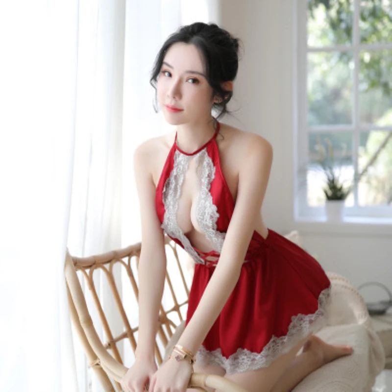 

2019 Summer Sexy Bandage Night Dress Backless Hollow Out Lace Sleepwear Women Sleeveless Mini Short Nightgown Homewear Red Color