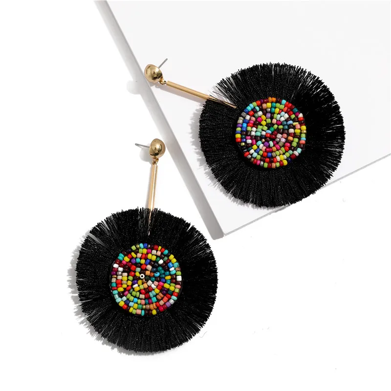 

Green Tassel Beads Balck Tassel Earrings for Women Statement Bohemian Trendy Wedding Brincos Female Red Circle Drop Earrings
