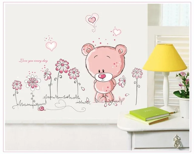 Милые розовые Мультяшные животные любовь медведь цветок для малышей Детская комната Декор наклейки на стену Детская Наклейка подарок для девочки - Цвет: H17017