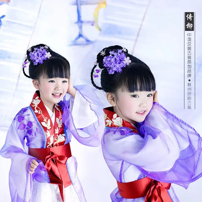 Yi Liu/красивый фиолетовый костюм с аппликацией для девочек; костюм ханьфу для маленьких девочек; танцевальный костюм для сцены