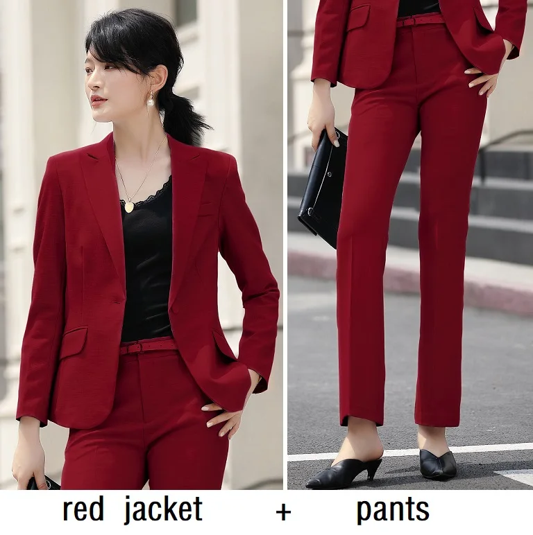 red jacket pants Женские костюмы тонкая Осенняя однотонная куртка и штаны комплект из 2 предметов OL формальные деловые женские брючные костюмы женский комплект костюмы 8728 - Цвет: red jacket pants