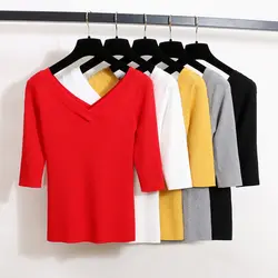 Осенний корейский v-образный вырез рукава цвет Шелковый свитер пять женщин рукав тонкий рукав голова Узкая рубашка
