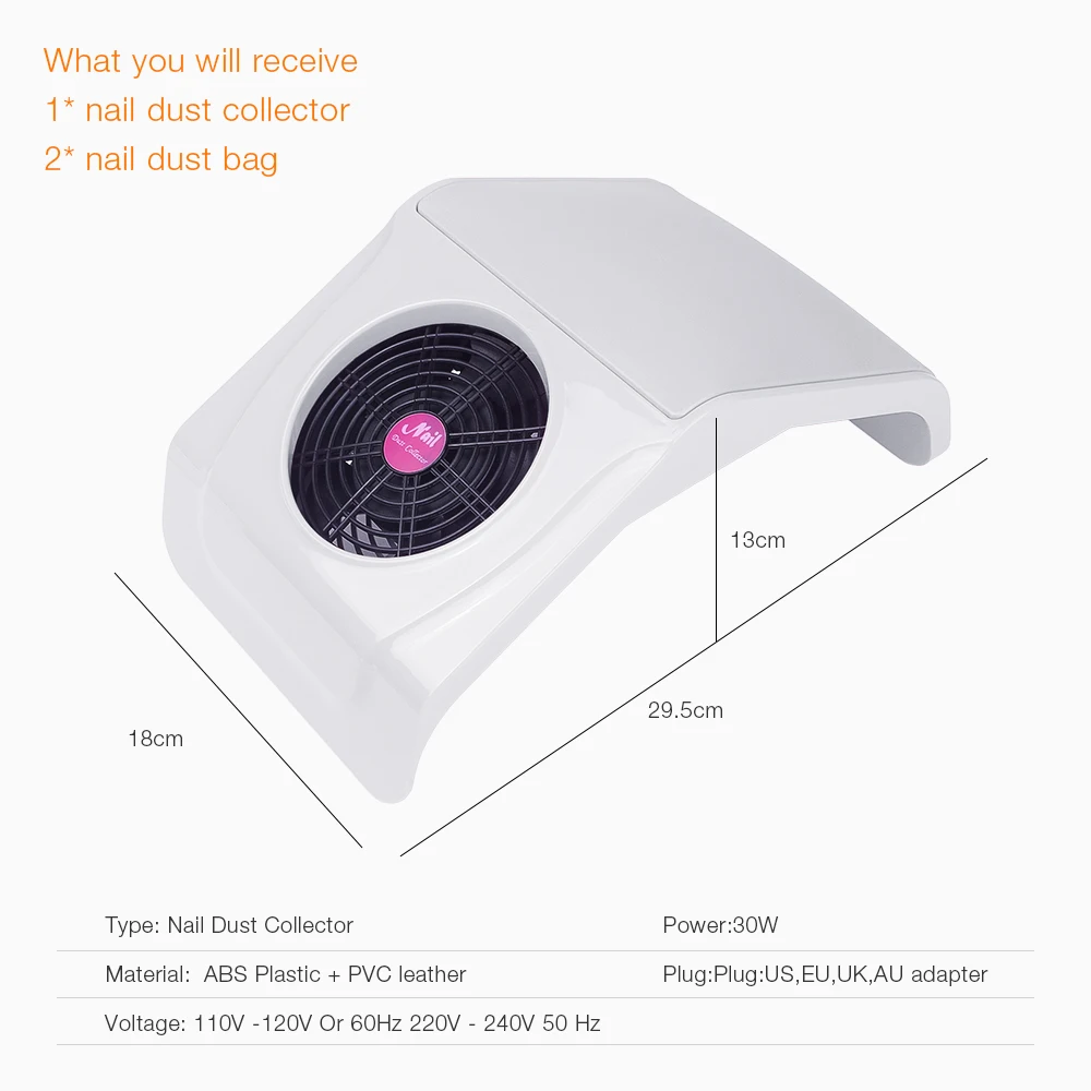 110 В/220 В пылеуловитель для ногтей Дизайн ногтей салонный всасывающий пылесборник пылесос салонный инструмент с 2 мешками для сбора пыли 30 Вт